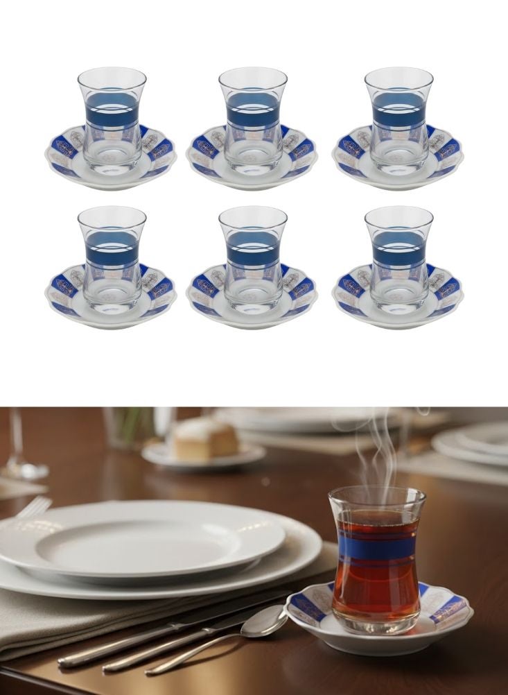 بريميم طقم أكواب شاي تركي زرقاء مع صحون متناسقة مكوّن من ست قطع - Image 1